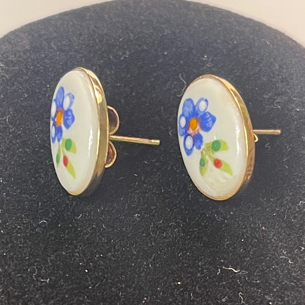 Vintage porcelain forget me not necklace earrings set blue flowers gold chain - Picture 3 of 11